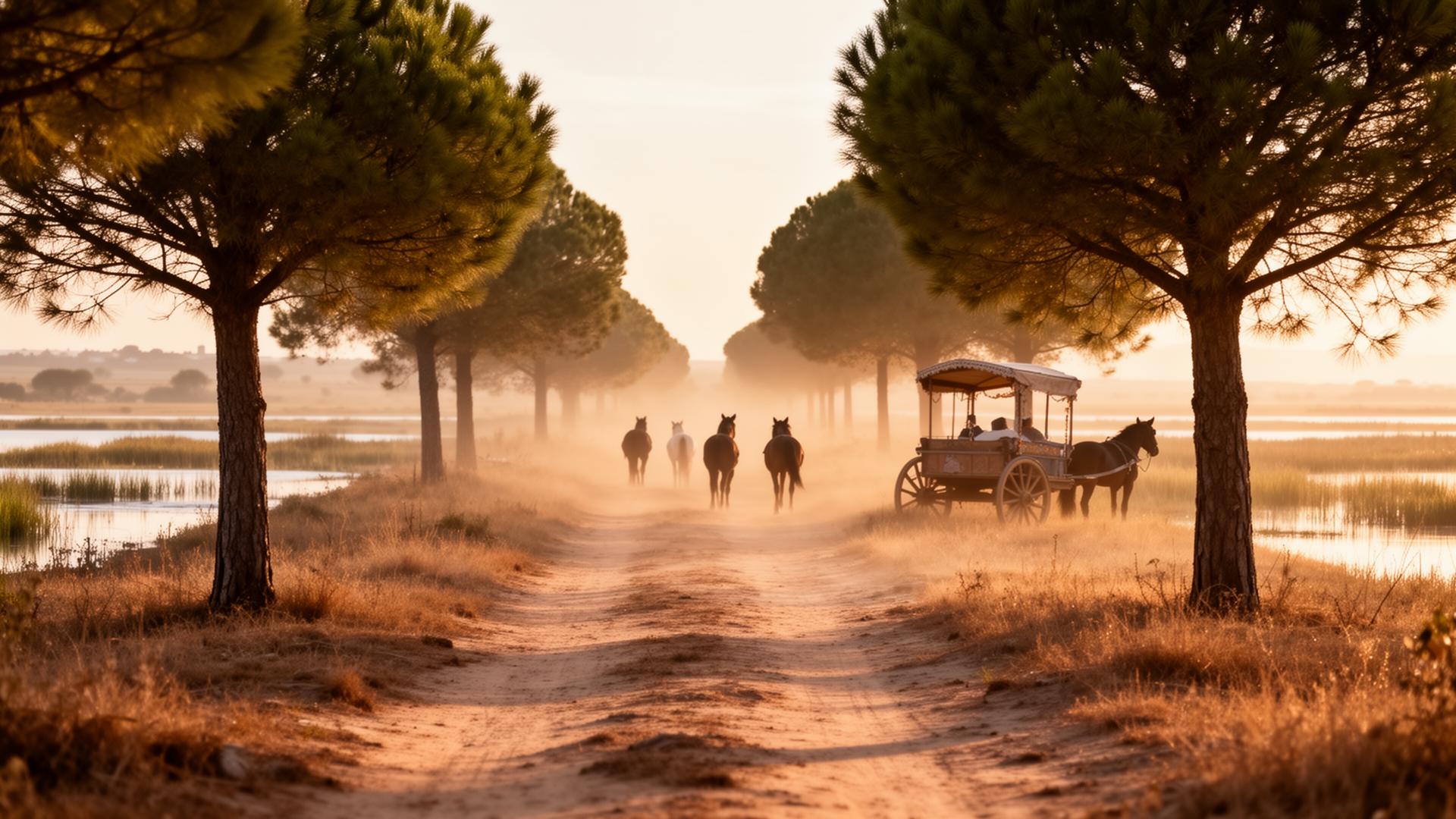 Camino del Rocío al atardecer con caballos y carreta